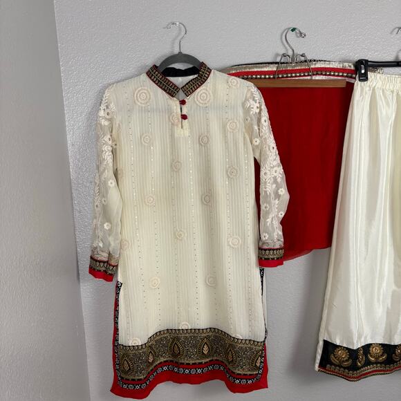 Approx S/M Cream White Red Kurta Set Top Pants & Dupatta Embellished Embroidered - Picture 3 of 16